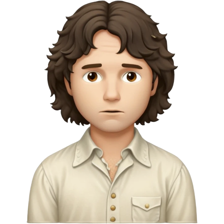 solarpunk realistic ultra HD - a thoughtful, messy, shaggy Jim Morrison in a ivory Victorian shirt in stage action emoji