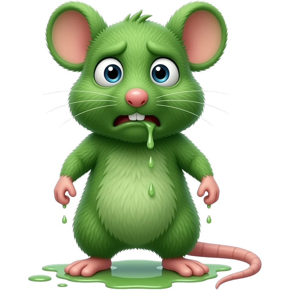 A little green mouse standing upright, with arms and legs that look like those of a little person, staring at us with a disgusted, revolting and nauseating look on its face. He is vomiting. The mouse’s body is entirely green. emoji