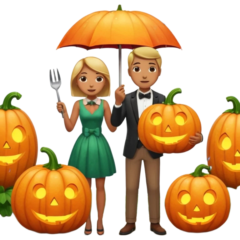 Make a guy hugging a giant pumpkin with a fork in his right hand while there's fire while there's a lady watching while it's raining while there's an umbrella on the ground that's alive and the sun has a bow tie on his neck emoji