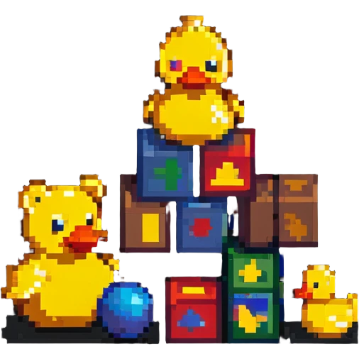 toy collection scattered - teddy bear, rubber duck, building blocks, ball, action figures emoji