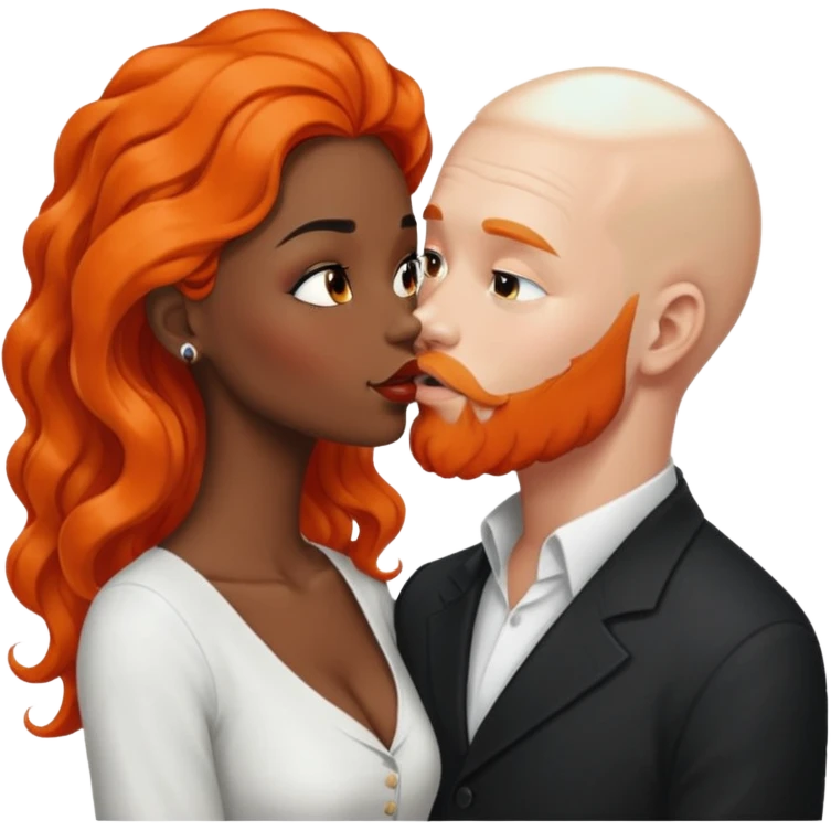 White bald man with orange facial hair and beard. Kissing ebony black women with long black wavy hair  emoji