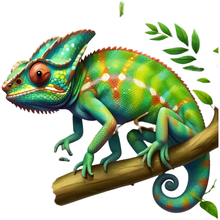 Giant chameleon on a branch, blending with vibrant greenery. Detailed scales in shifting colors, showing the chameleon’s ability to camouflage. Soft natural light highlights its texture. Nature background with leafs aтв адщцукы. Lush jungle background with vivid foliage, transparent background. emoji