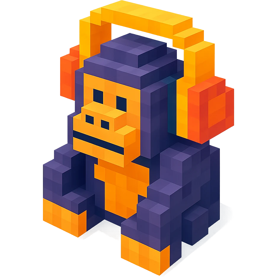 voxel style gorilla wearing large over-ear headphones, isometric view emoji