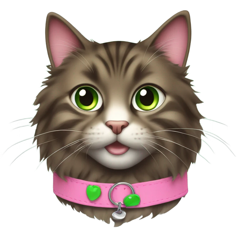 Fluffy dark brown tabby pink collar with green eyes emoji