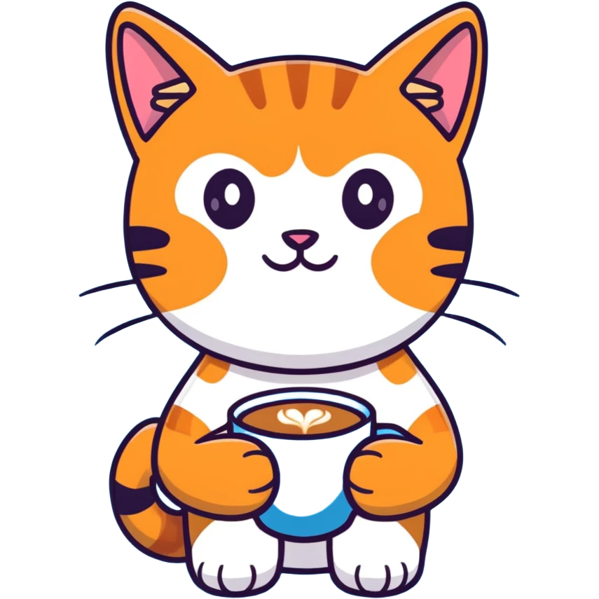 ginger cat with big eyes, holding coffee cup emoji