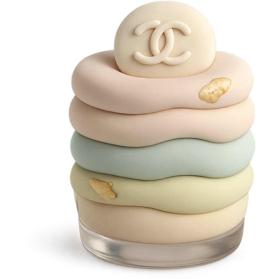 pastel Chanel layered dessert in a glass, with logo and gold leaf emoji