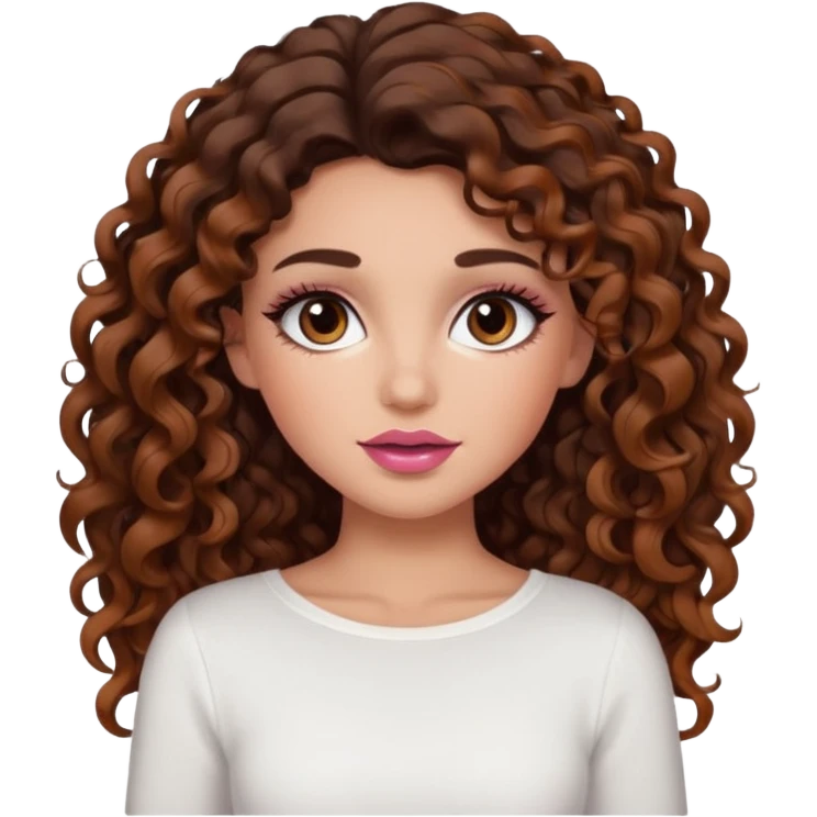 white girl with long voluminous dark brown curly hair with caramel highlights wearing a white top. Blush on the cheeks and big eyelashes and a brown-pink lip combo  emoji