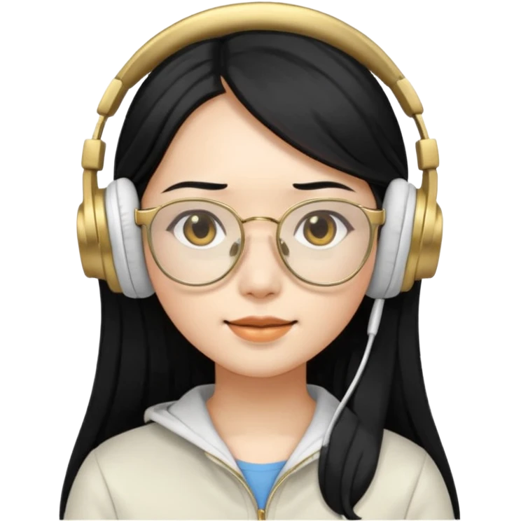 generate an asian female with long black hair, golden rim glasses, and a white headphones emoji