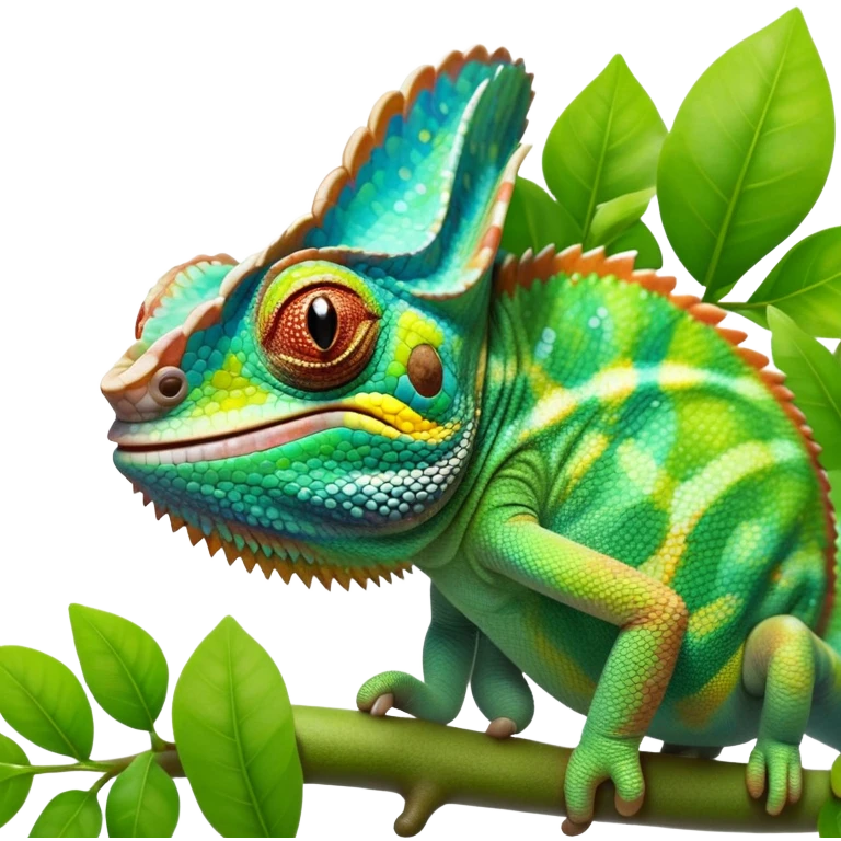 cinematic giant-smiling. chameleon-realistic emoji,-blending-with-vibrant-greenery.-detailed-scales-in-shifting-colors,-showing-the-chameleon’s-ability-to-camouflage.-soft-natural-light-highlights-its-texture.-light-background, zoomed into its face emoji