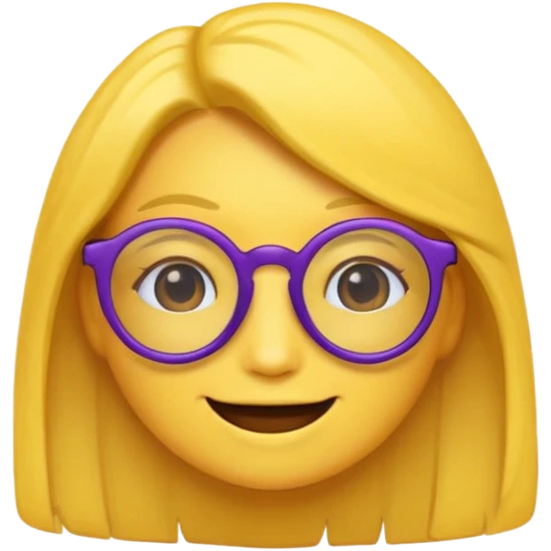 un emojis amarillo, con el cabello corto,lacio y negro, con lentes violeta y una sonrisa emoji