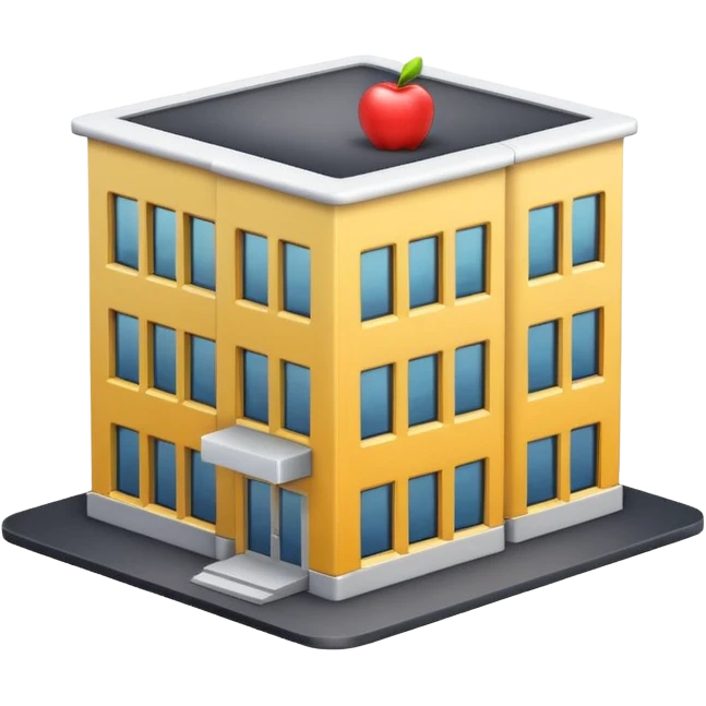3D emoji-style icon of a small office building with people working inside, Apple iOS style, soft lighting, glossy finish, white background emoji