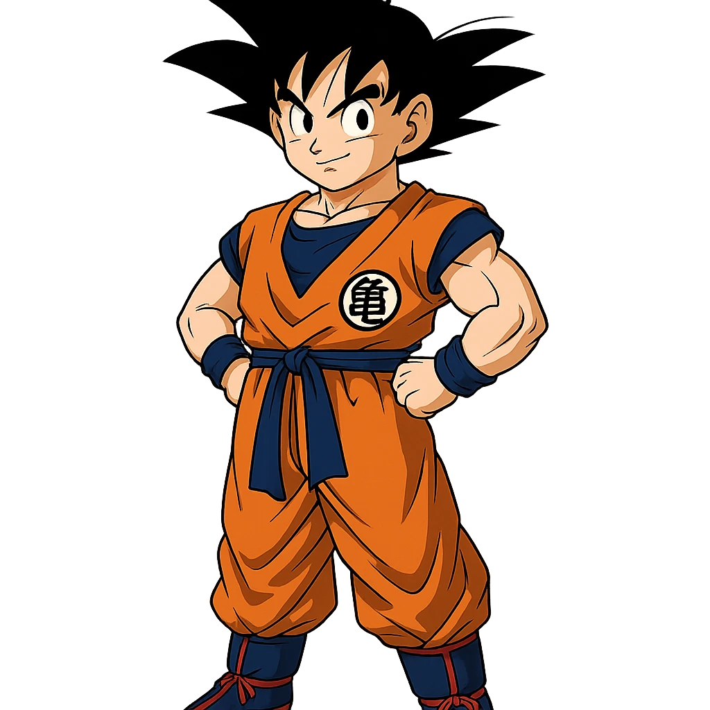Son Goku, spiky black hair, orange martial arts gi, confident pose, iconic anime style emoji