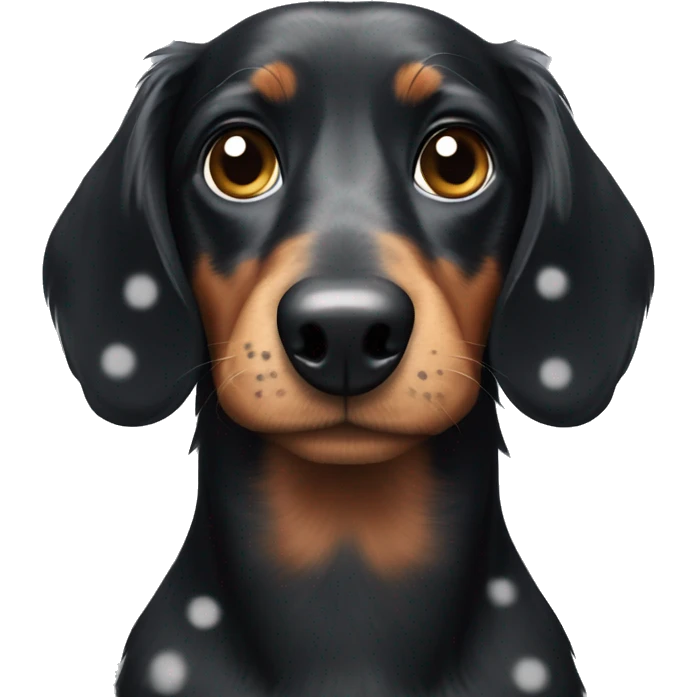 Fluffy black dachshund face with grey spots emoji