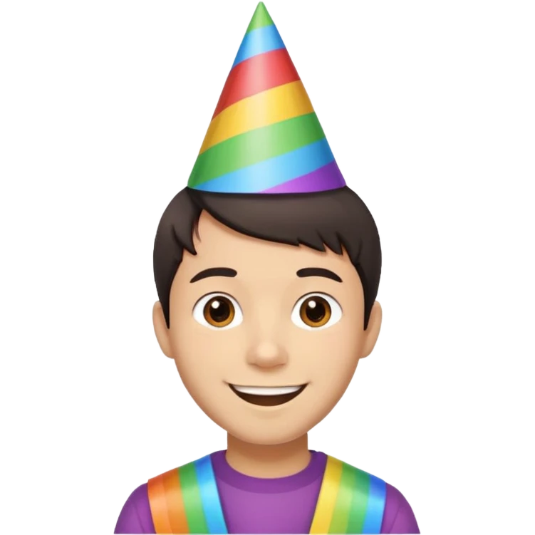 Young man, short hair, rainbow birthday party hat, cheerful expression emoji