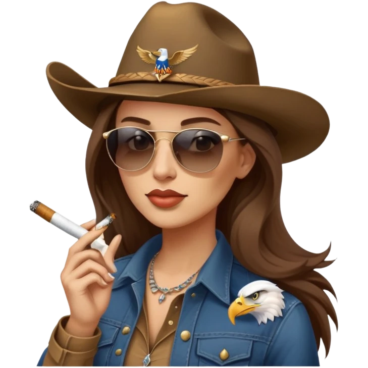 Country woman in cowboy hat with long brown hair with sunglasses with bald eagle on her shoulder and a cigarette in her mouth  emoji