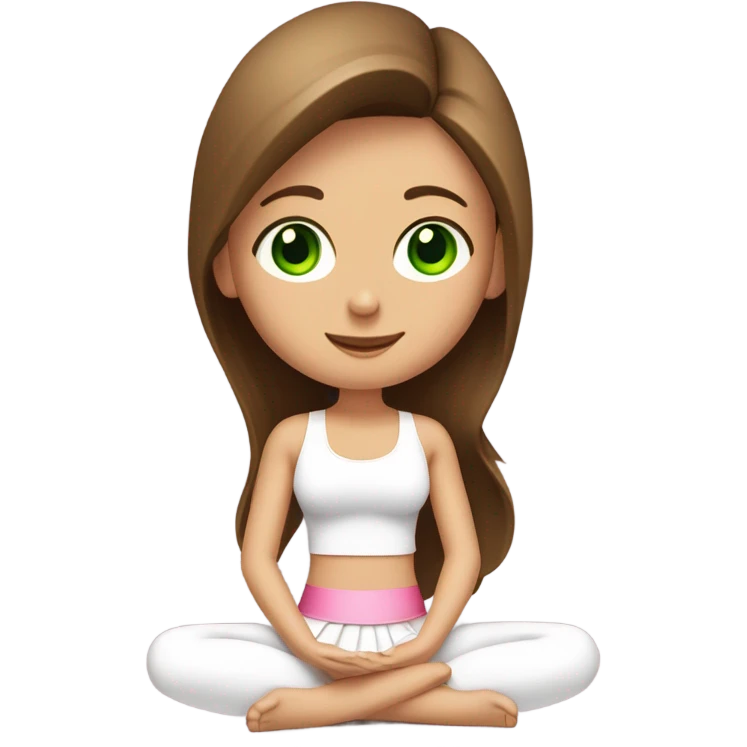 A girl with brown long hair, fair skin and green eyes is sitting in a lotus position in a white bra top and pink skirts emoji