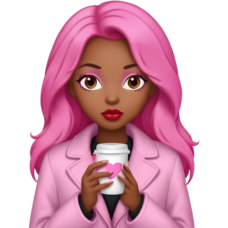A black woman with a coat pink a pijama pink, long brunet Hair, coffe eyes, red lips  emoji