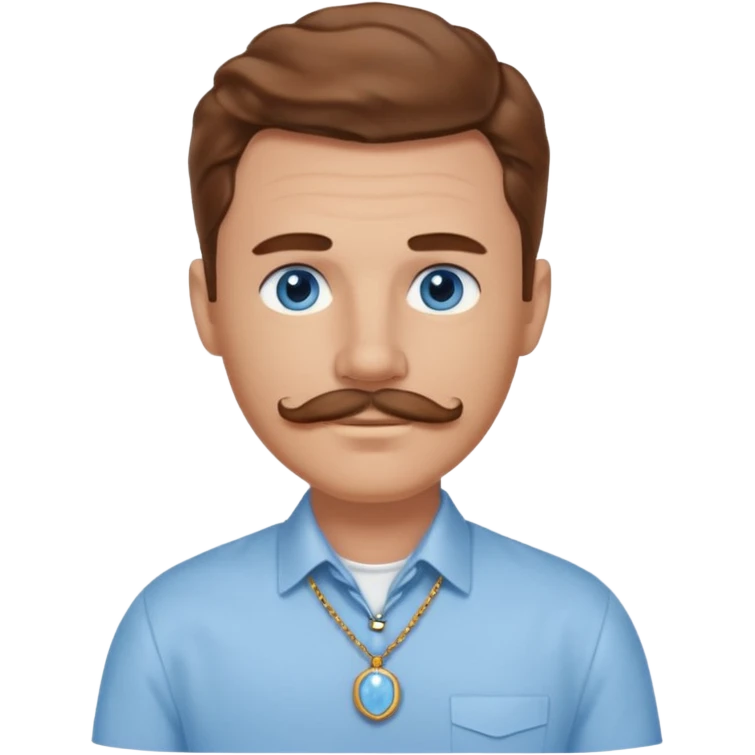Benson Boone blue eyes, brown wavy hair and mustache, light blue dress shirt with necklace emoji