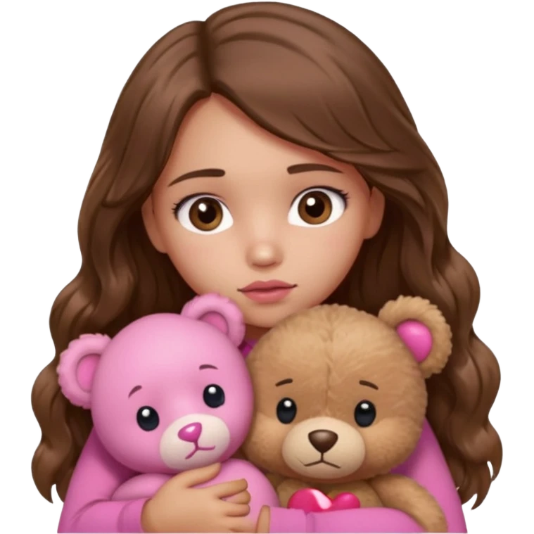 girl with long wavy brown hair, brown eyes, light to medium complexion, in a pink shirt, pink lips, long lashes, sad, hugging squeezing  a teddy bear with hearts emoji