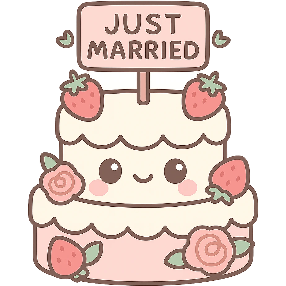 white wedding cake with strawberries, pink roses, 'Just Married' topper, kawaii style emoji