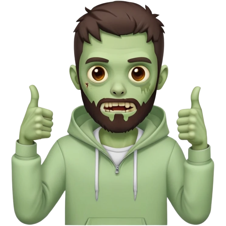 zombie with thumbs up gesture, undercut hairstyle with dark brown hair, short full beard, wearing plain white hoodie emoji