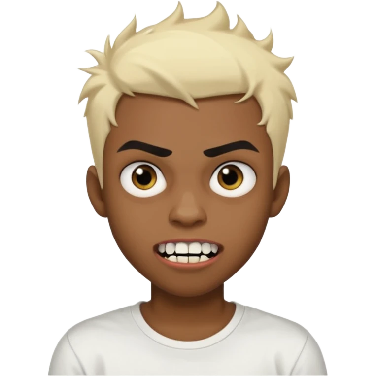 Black Male Teenager with Short punk messy blonde hair, Dark brown bushy eyebrows large expressive golden-brown eyes, wearing a plain white t-shirt, Dark Brown skin color. vampire tooth emoji