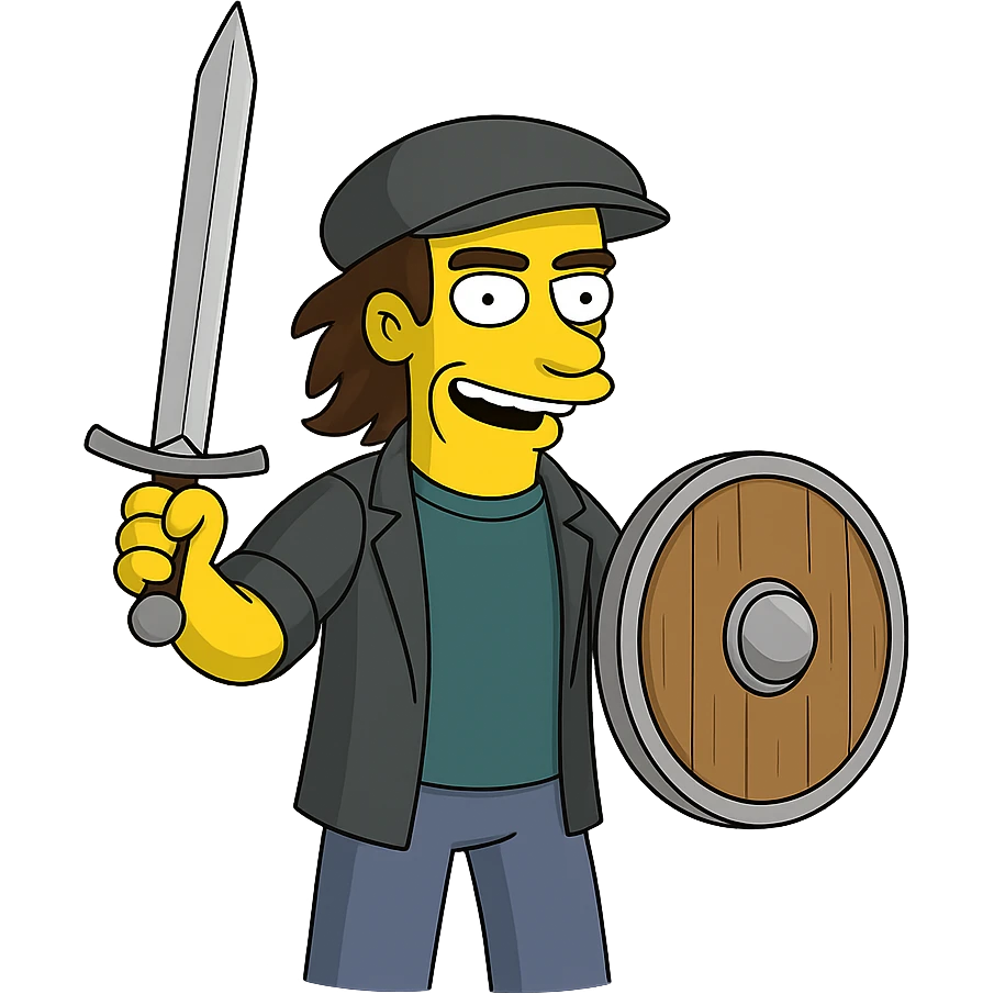 Regenerate the image keeping the same angle, facial expression, clothing, and size proportions of the character, but replace the guitar with a medieval sword and shield. Maintain the Simpsons style and transparent background. emoji