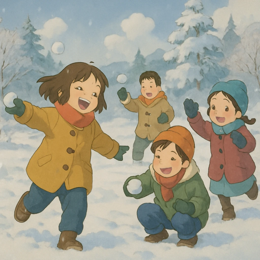joyful snowball fight, soft colors, snowy landscape emoji