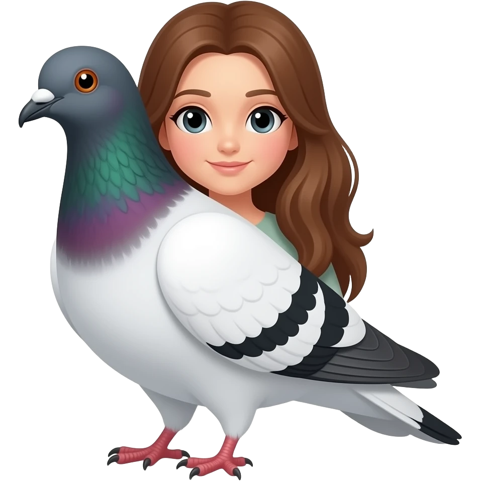 Women long haired with her pet dove ( white body - black wing part and head ) emoji