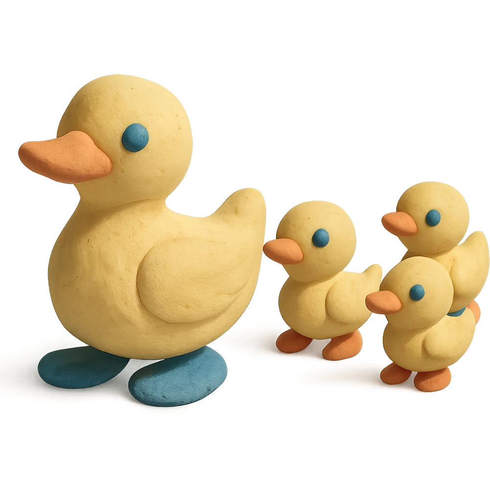 mother duck with ducklings following her, playful and cute, pastel colors, visible fingerprints, claymation style emoji