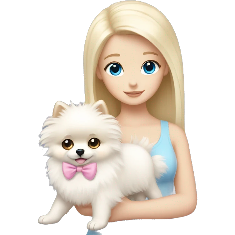 Blond girl white skin blue eyes hugging white Pomeranian with light pink bow emoji