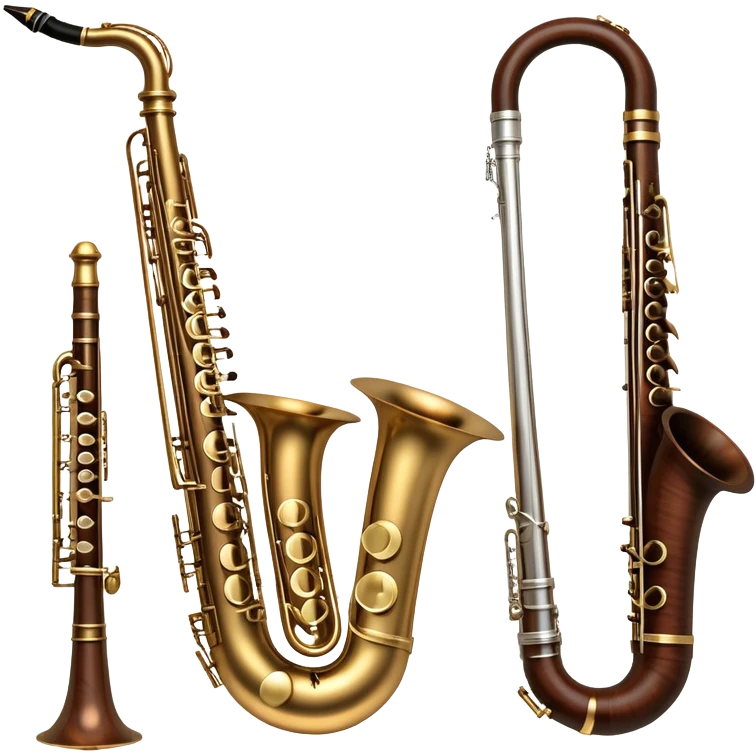 Create a refined and artistic emoji that represents lesser-known wind instruments. The design should feature a collection of unique wind instruments, such as a bassoon, oboe, or French horn, arranged elegantly. Add elements like musical notes to symbolize the harmony and beauty of these instruments. Use colors like bronze, silver, and dark wood tones to reflect the classic nature of the instruments. The background should be transparent. emoji