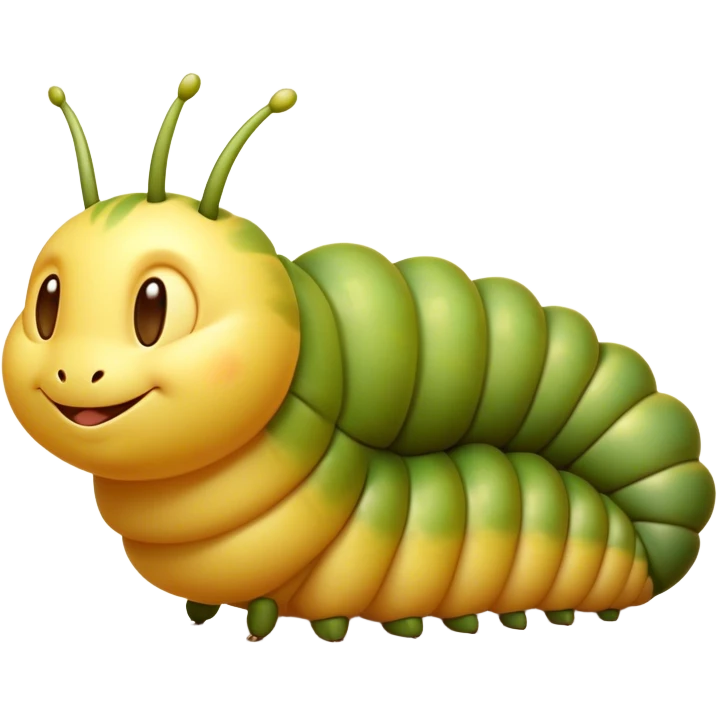Beautiful and Majestic Caterpillar Portrait Emoji, Head and body rendered in serene repose with a gentle, content smile, showcasing a delicately segmented form with softly textured hues and eyes peacefully closed in tranquil slumber, Simplified yet exquisitely endearing features, highly detailed, glowing with a soft, drowsy natural light, high shine, relaxed and utterly noble, stylized with an air of graceful metamorphosis, soft glowing outline, capturing the essence of a beautiful and majestic caterpillar that embodies the quiet promise of transformation! emoji