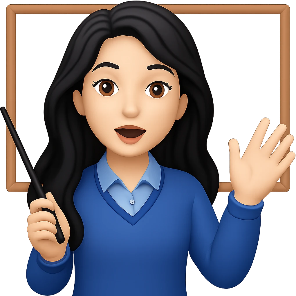 Make her hair longer, keep black wavy hair, no glasses, teaching and talking. Preserve transparent background. Maintain the original style and look of the image. emoji
