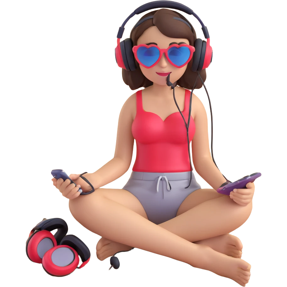 brunette girl with heart sunglasses and headphones, relaxing on sand, emoji style emoji