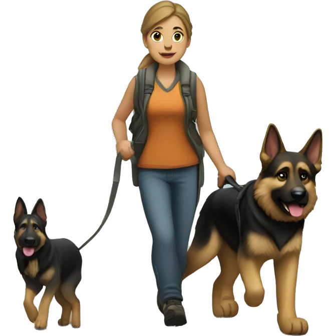Lindsay carrying creek rocks walking with a german shepherd that has a big limb in its mouth  emoji