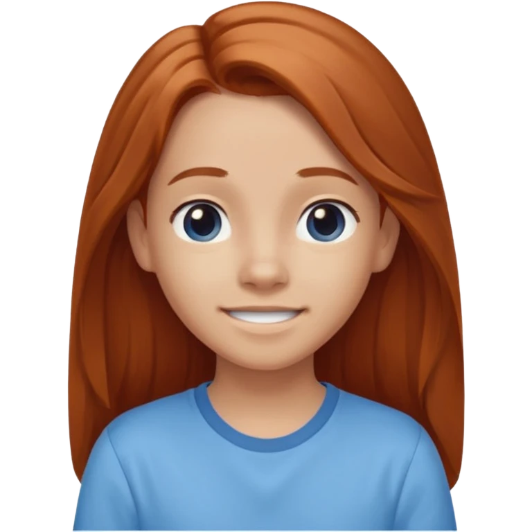 smiling shrugging emoji tween long auburn hair light blue shirt with a darker blue L emoji