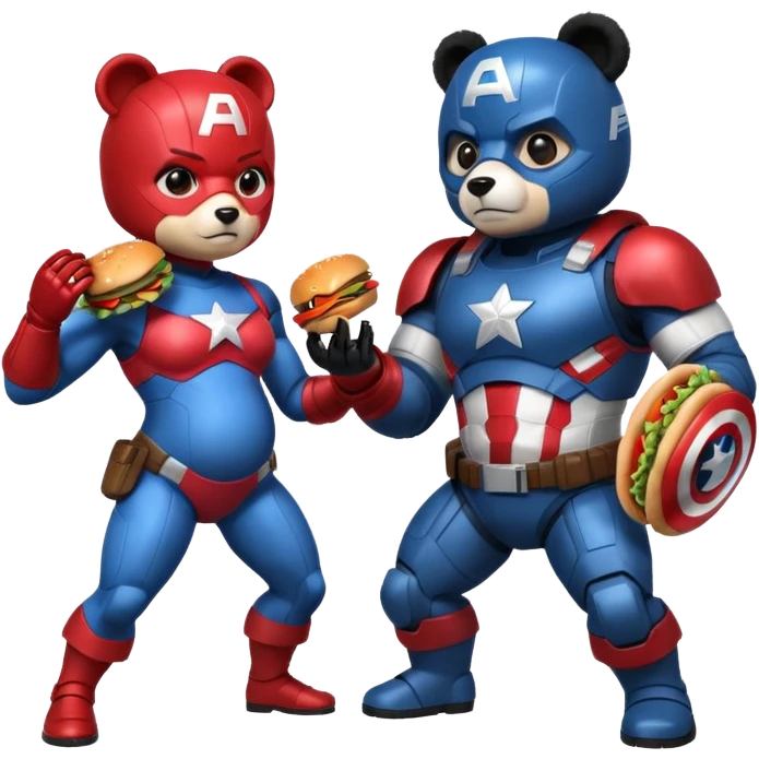 Pregnant captain America eating a hamburger while fighting a half panda half robot  emoji