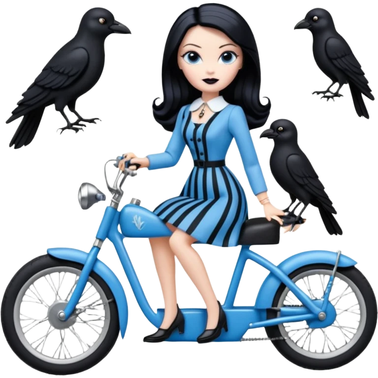 1920s coal hair hotrod Silkstone Marie Antoinette Morticia Addams Barbie Wednesday Addams from academy in a blue and black vertically-striped classic dress. riding hot rod electric bikes with crows emoji