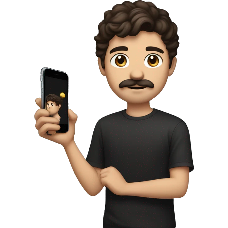 young man with medium size dark brown hair to front, iphone in hands, black oversized t shirt, little mustache and little beard emoji