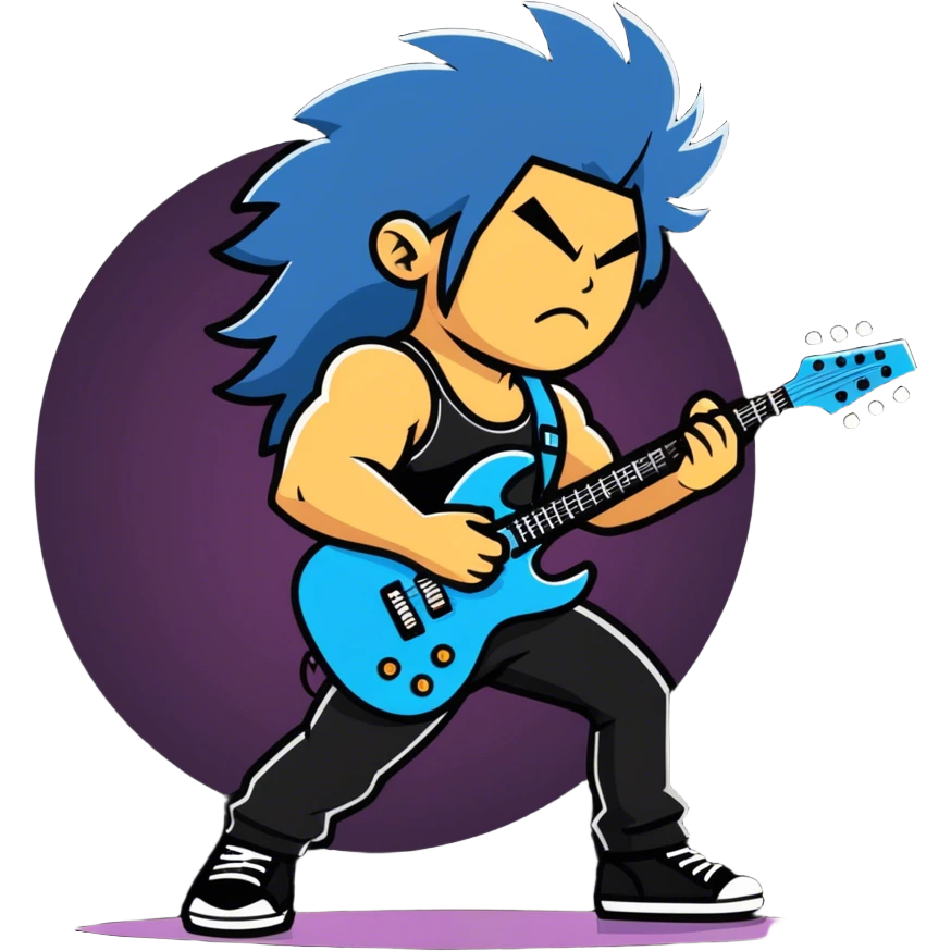 Super strong rockstar on the guitar while being shined on by a massive spotlight with his hair blowing and a cool aura emoji