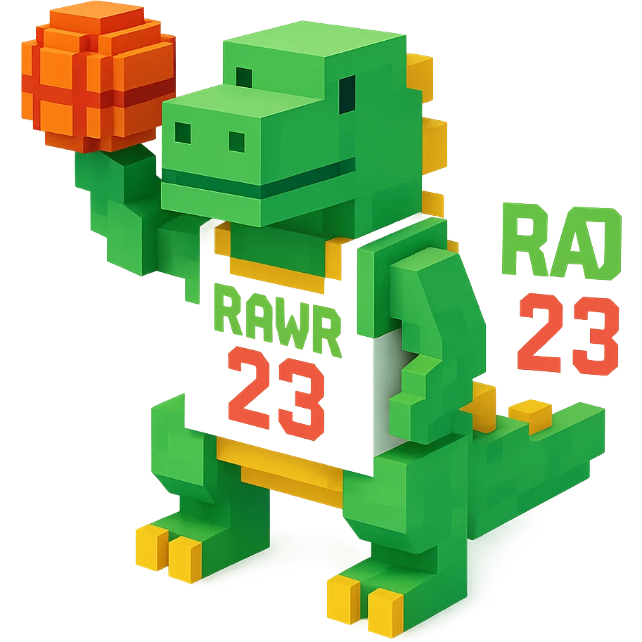 надпись "RAWR" и динозавр с баскетбольном мячом в майке с надписью "23", no background  emoji