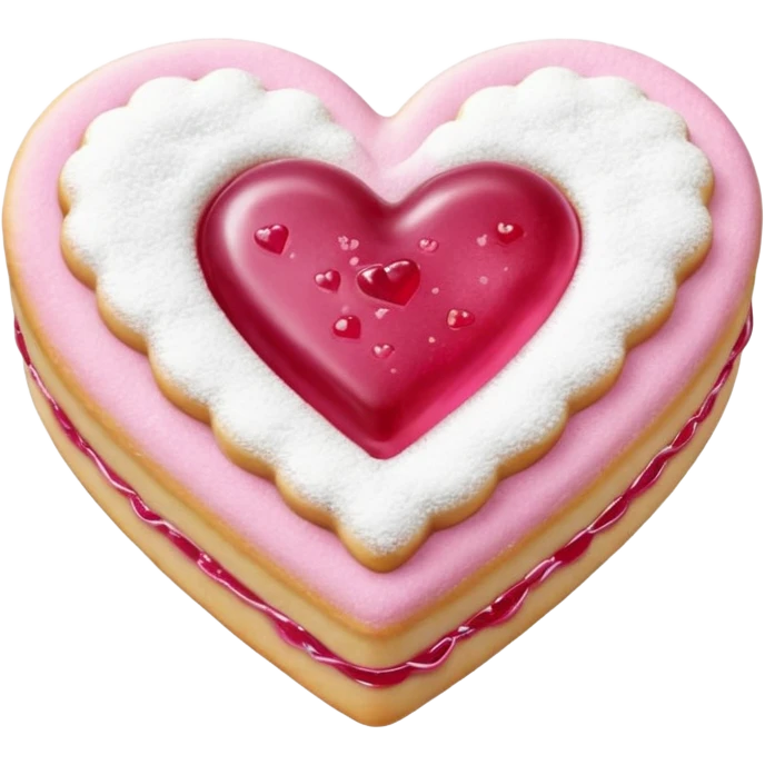 Realistic shortbread cookie in the shape of a heart with pink jelly middle filling and sprinkled powder sugar on top. emoji