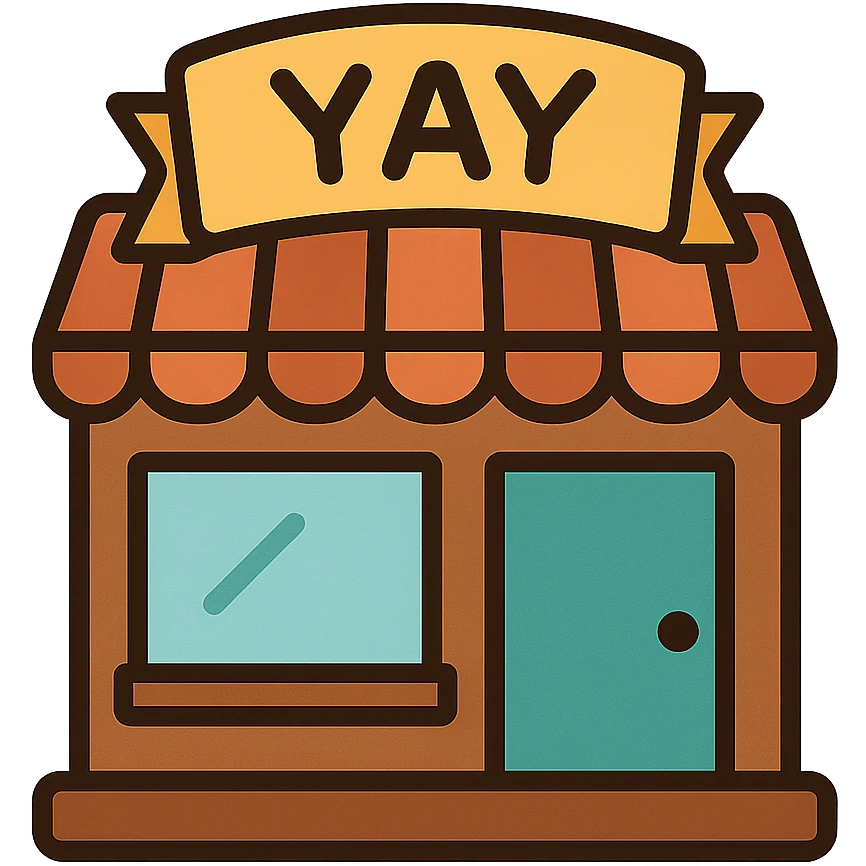 cozy brown café storefront with a soft “YAY” banner, warm hand-drawn tones emoji