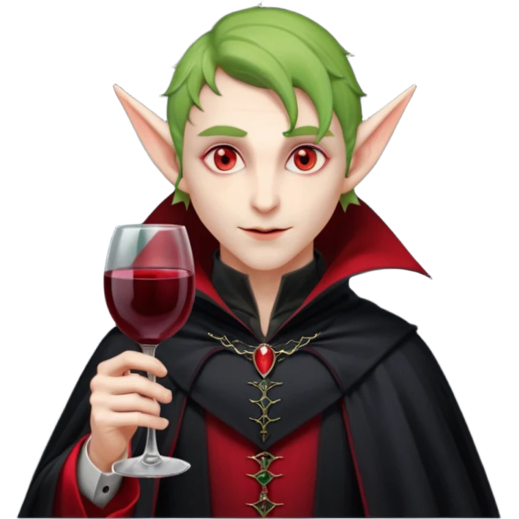 male elf vampire emoji, pale skin, red glowing eyes, long pointed ears, black high-collared cloak with red lining, holding a wine glass filled with red liquid, elegant Halloween fantasy look, smooth Apple emoji style, clean white background, square image emoji