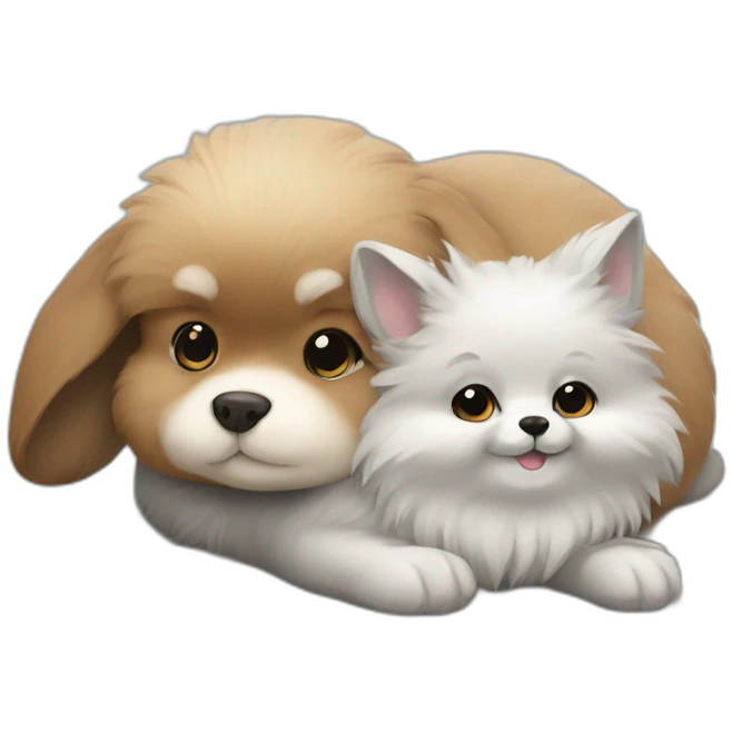 Gray bunny laying with pomeranian emoji