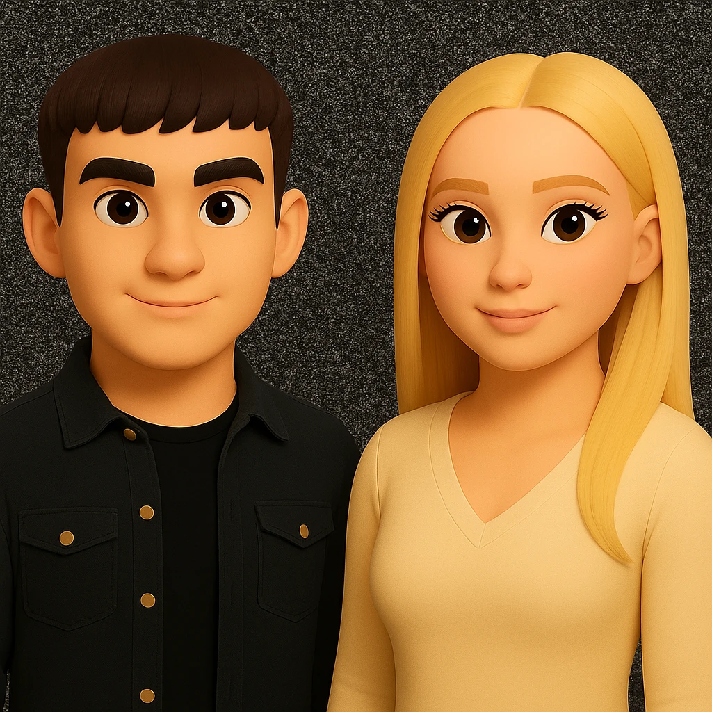 Make the people stand a little further apart from each other, keeping the same style and background as in the reference image. emoji