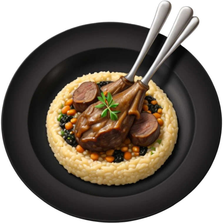 Lamb Shanks with Risotto Nero on a black plate-no cutlery  emoji