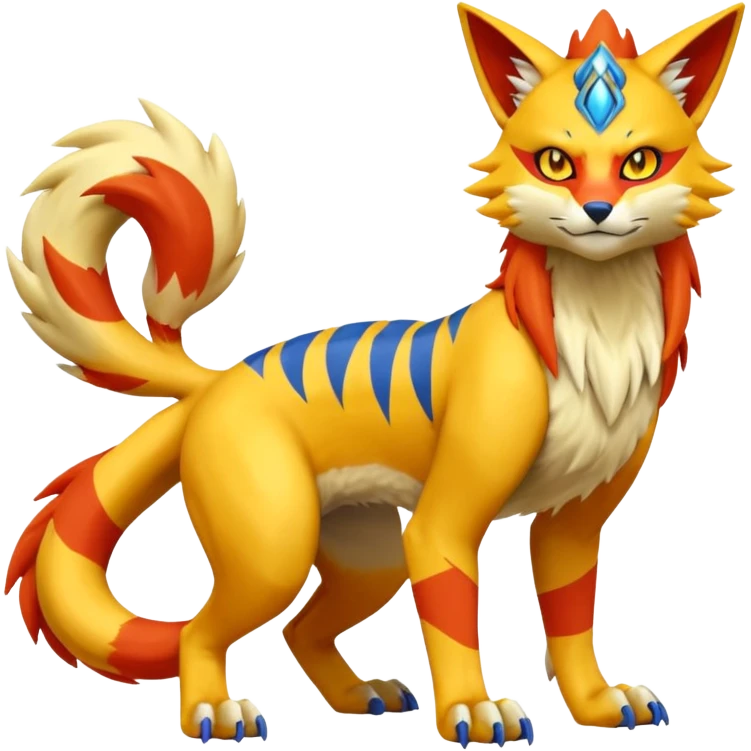 Vernid-Lombax-Koraidon-Renamon-Zeraora-Bastet-Fakémon-Digimon-hybrid-fusion-creature, full body emoji