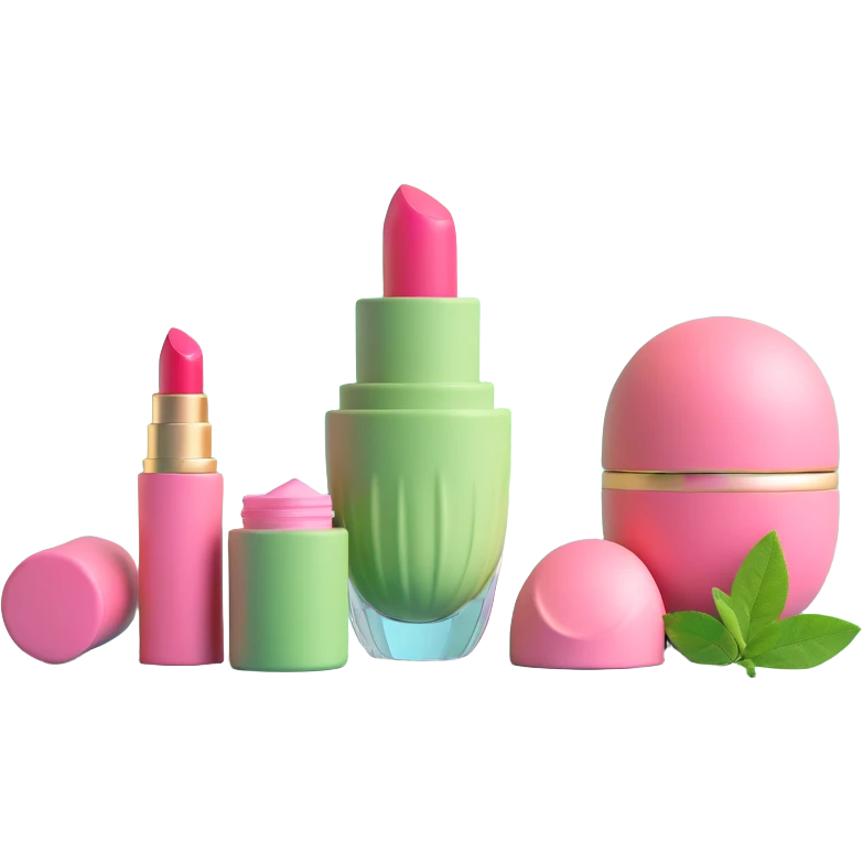 collection of beauty products including perfume, lipstick, blush, and matcha cup with pink accents emoji